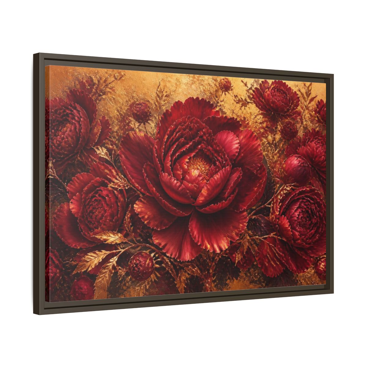 Side Mockup 11. Crimson Peony Floral Bloom shown as framed canvas print