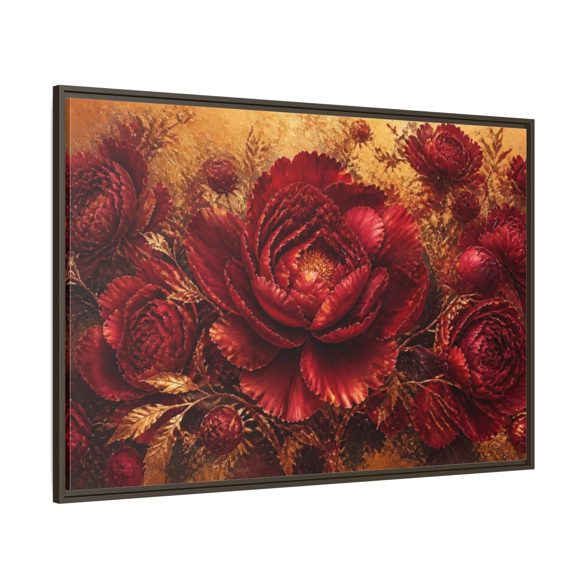 Side Mockup 8. Crimson Peony Floral Bloom shown as framed canvas print