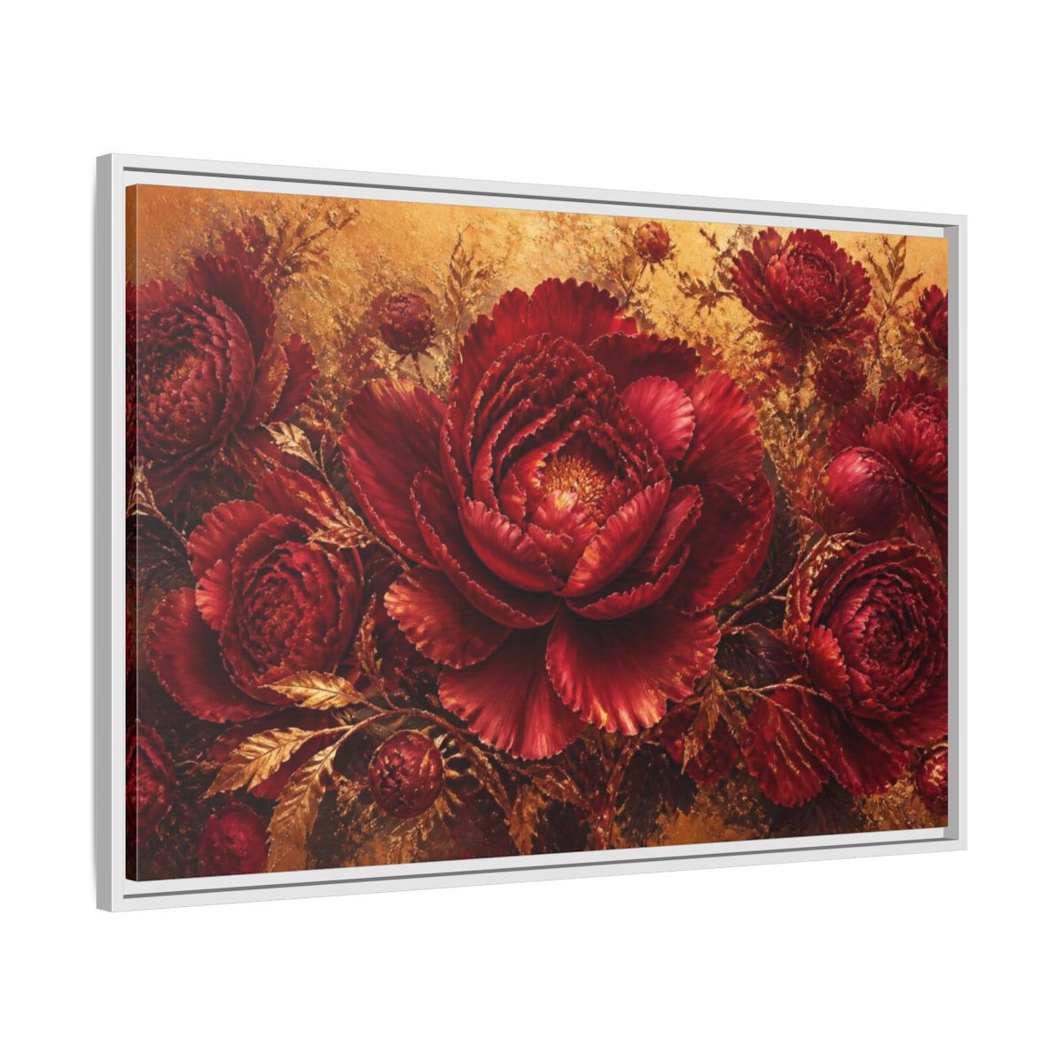 Side Mockup 9. Crimson Peony Floral Bloom shown as framed canvas print