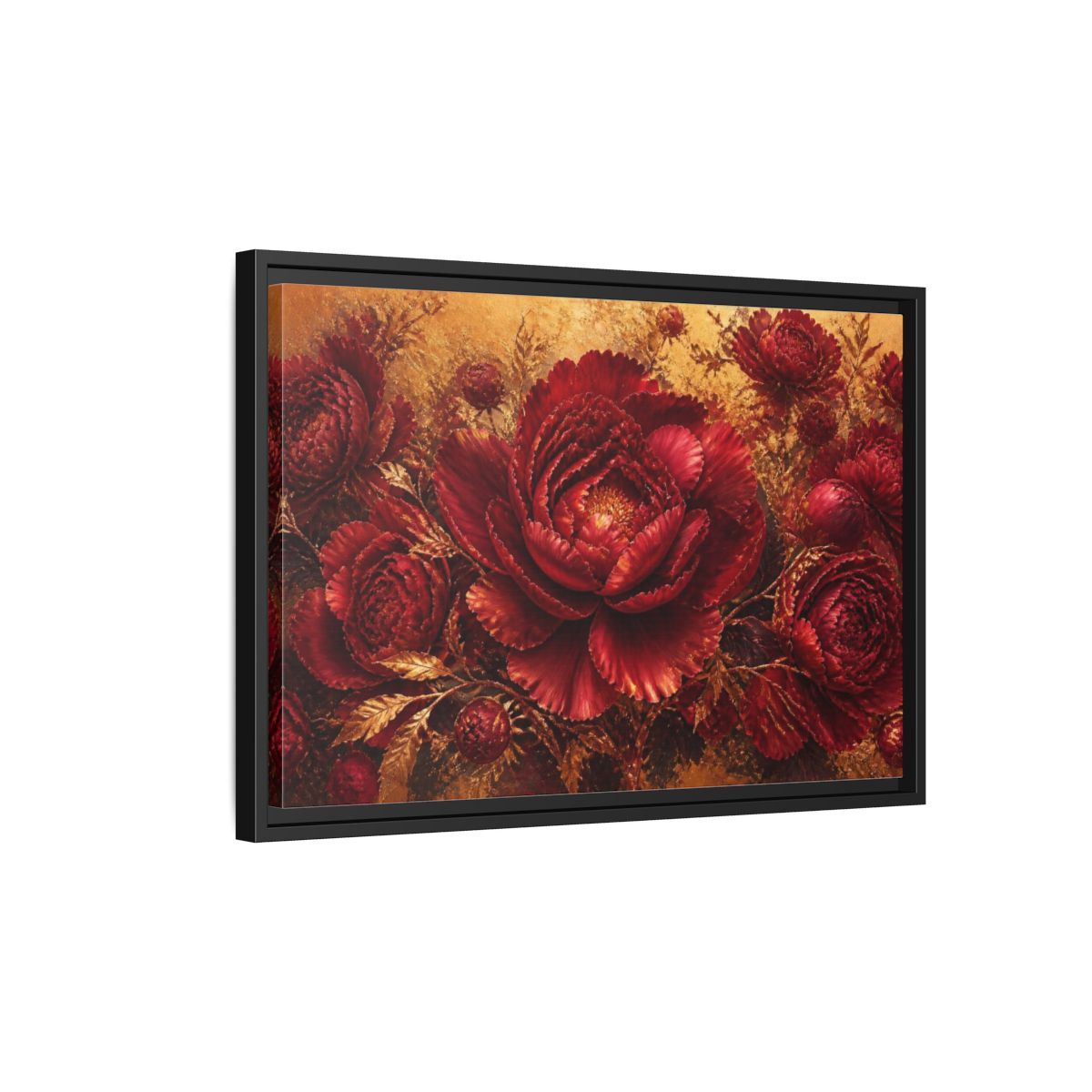 Side Mockup 3. Crimson Peony Floral Bloom shown as framed canvas print
