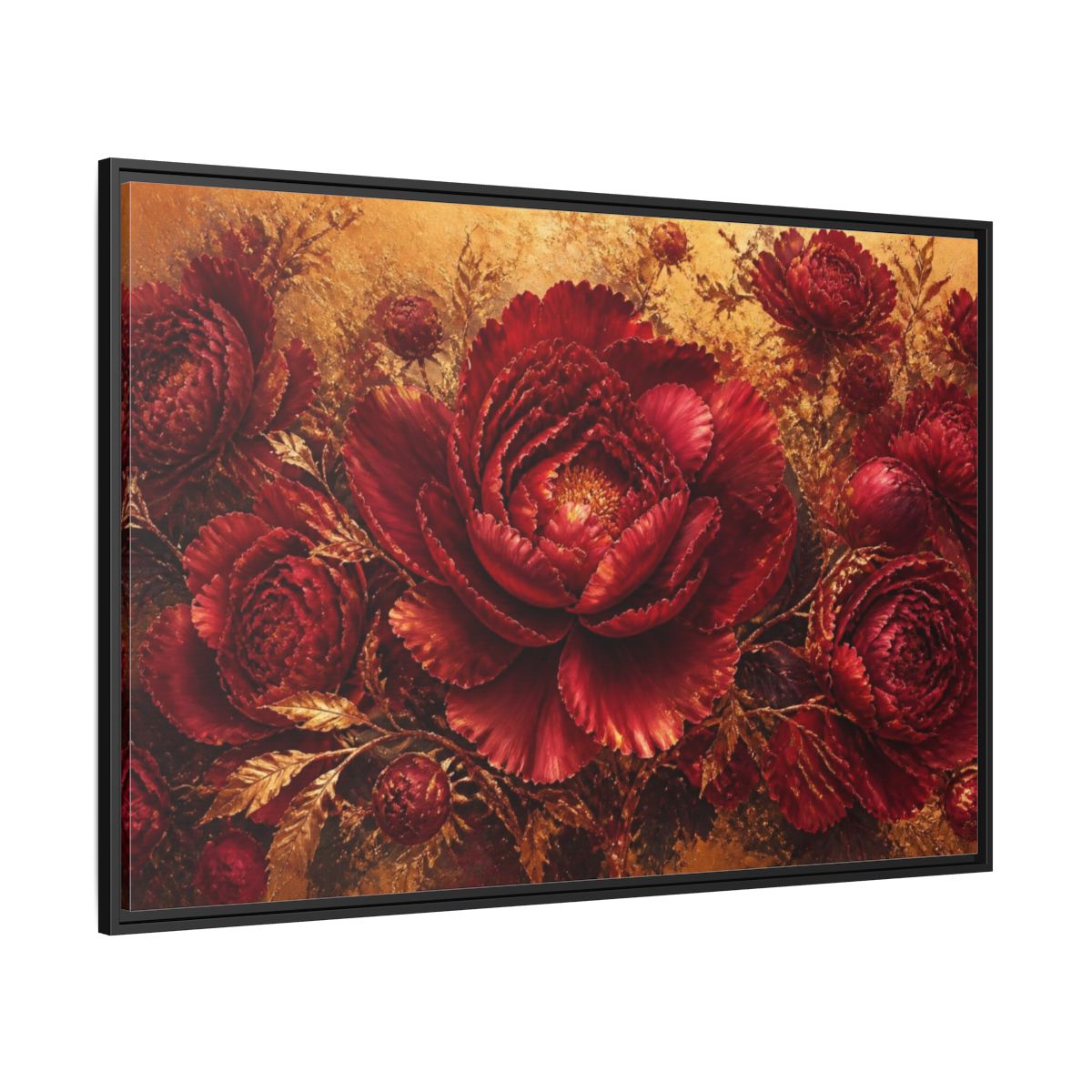 Side Mockup 12. Crimson Peony Floral Bloom shown as framed canvas print
