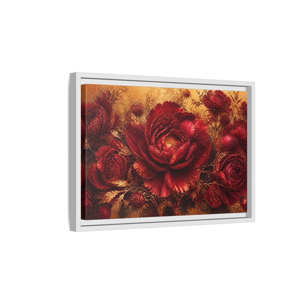 Side Mockup 4. Crimson Peony Floral Bloom shown as framed canvas print