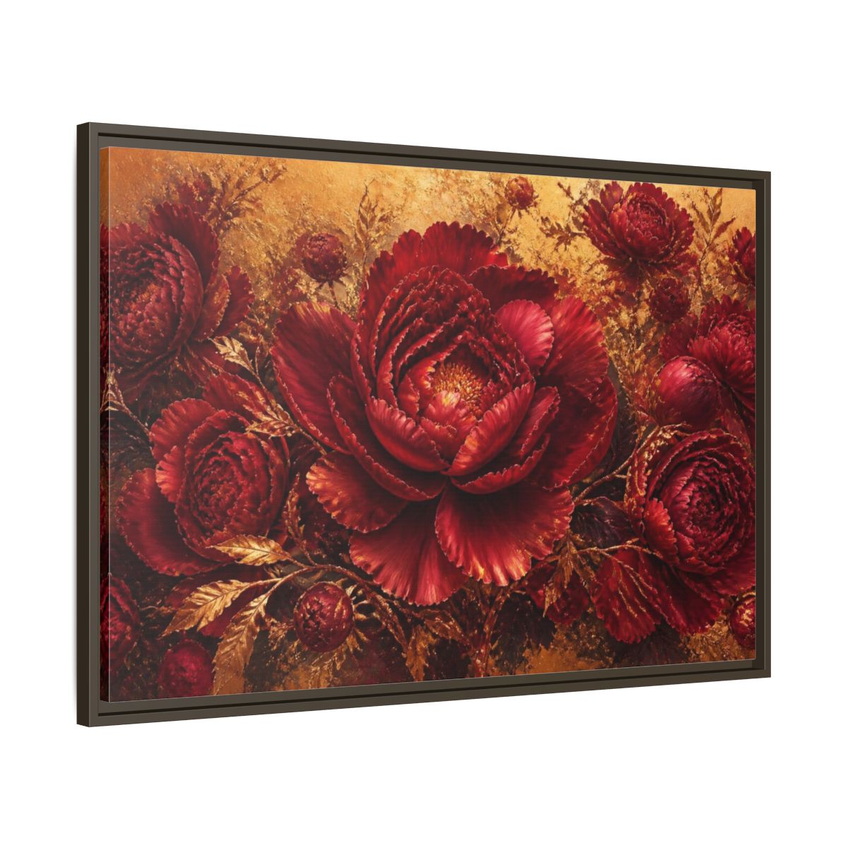 Main Mockup. Crimson Peony Floral Bloom shown as framed canvas print