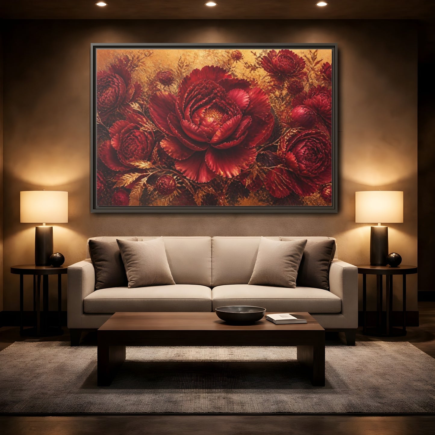 Mockup 2. Crimson Peony Floral Bloom shown as framed canvas print