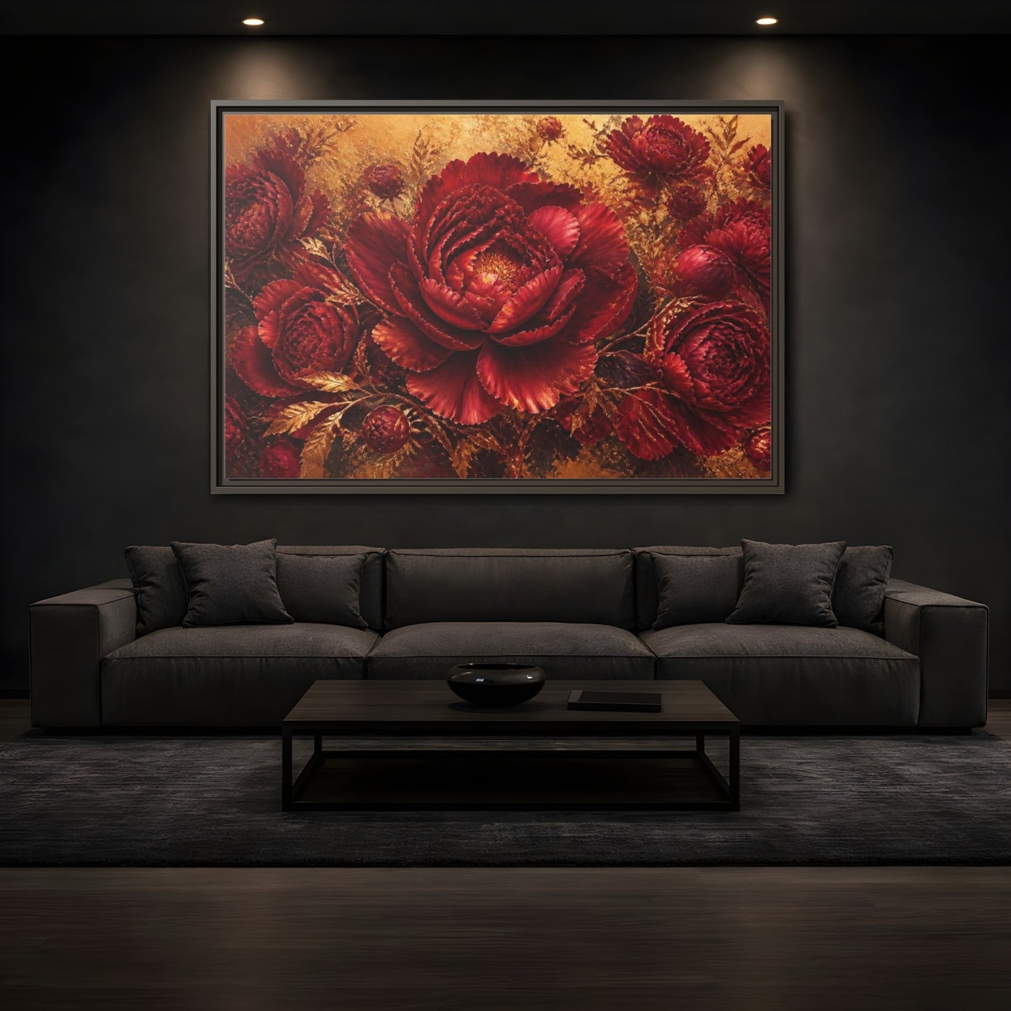 Mockup 3. Crimson Peony Floral Bloom shown as framed canvas print
