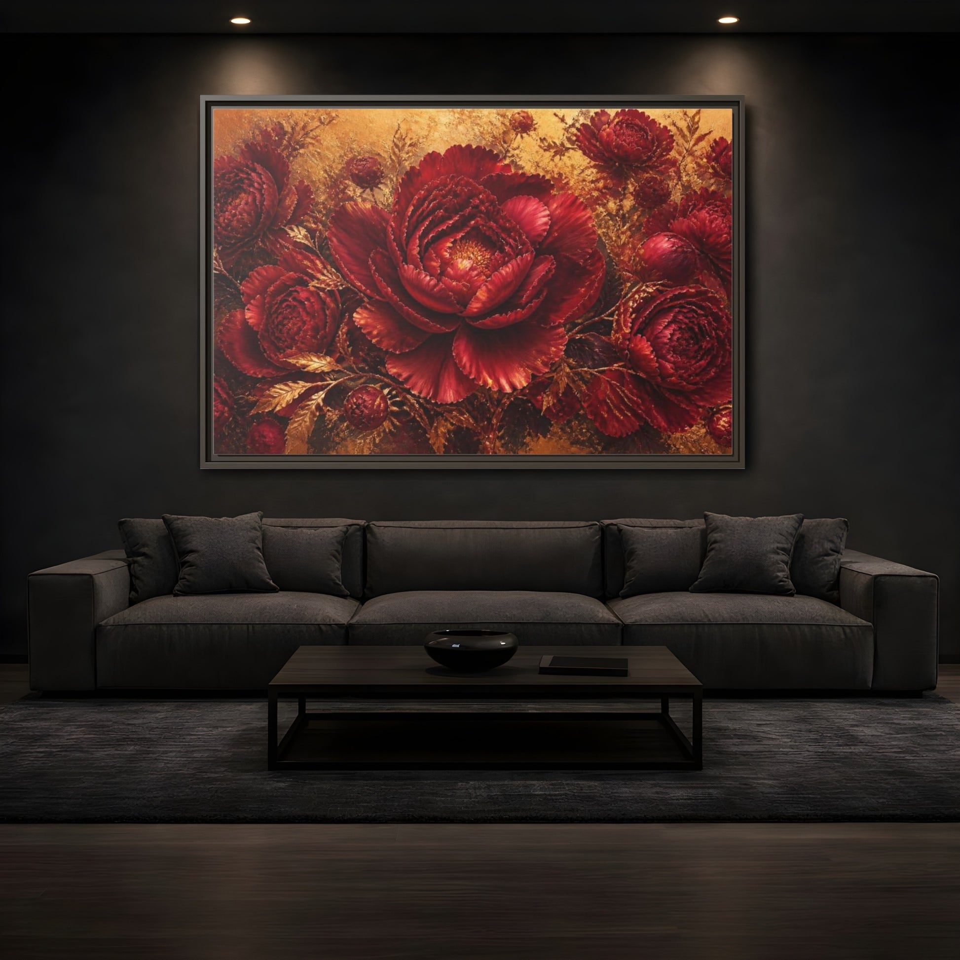 Mockup 3. Crimson Peony Floral Bloom shown as framed canvas print
