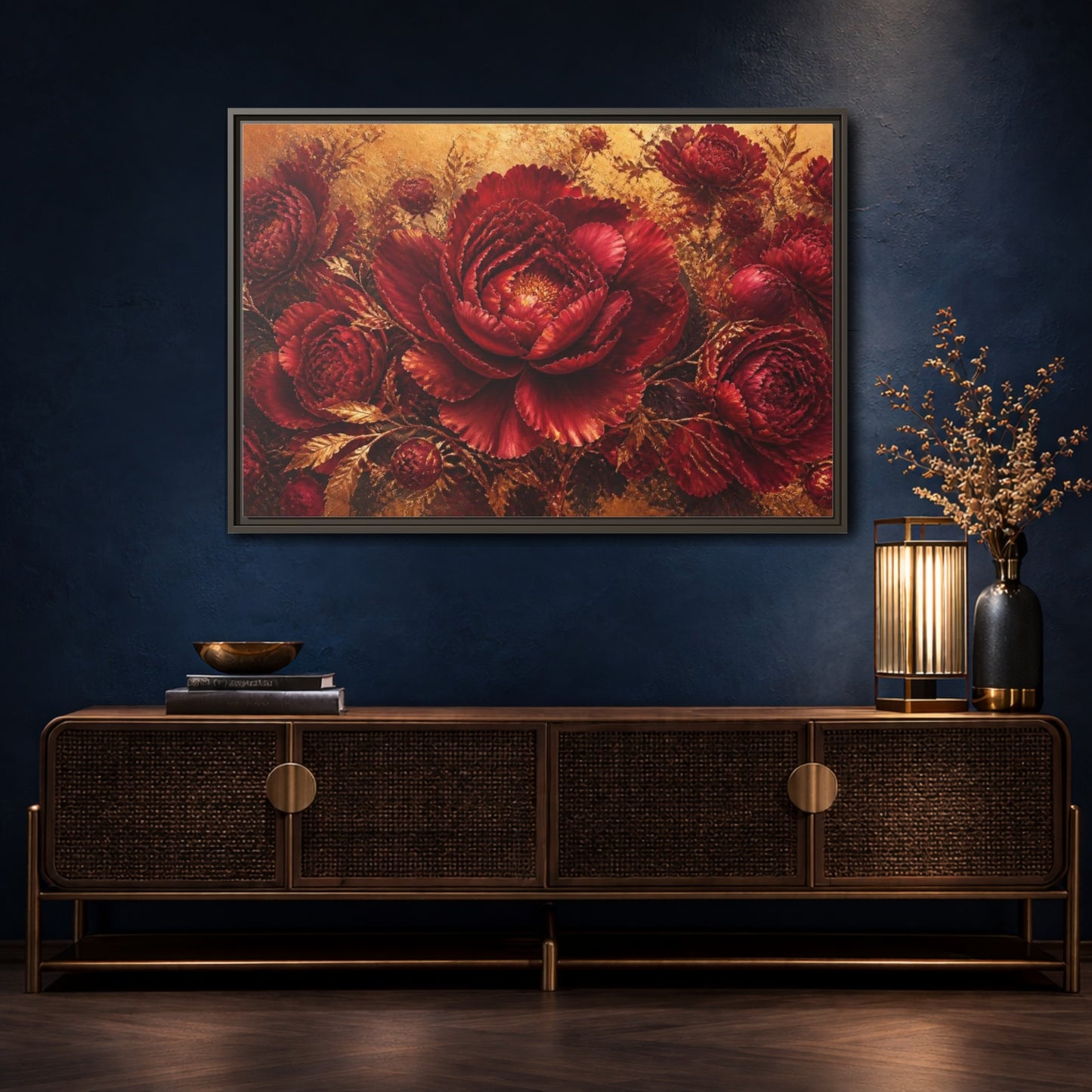 Mockup 4. Crimson Peony Floral Bloom shown as framed canvas print