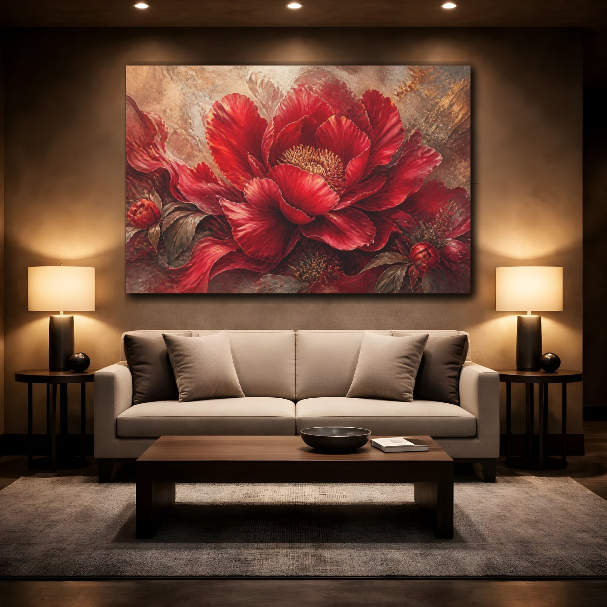 Mockup 2. Crimson Peony Floral Statement shown as canvas print