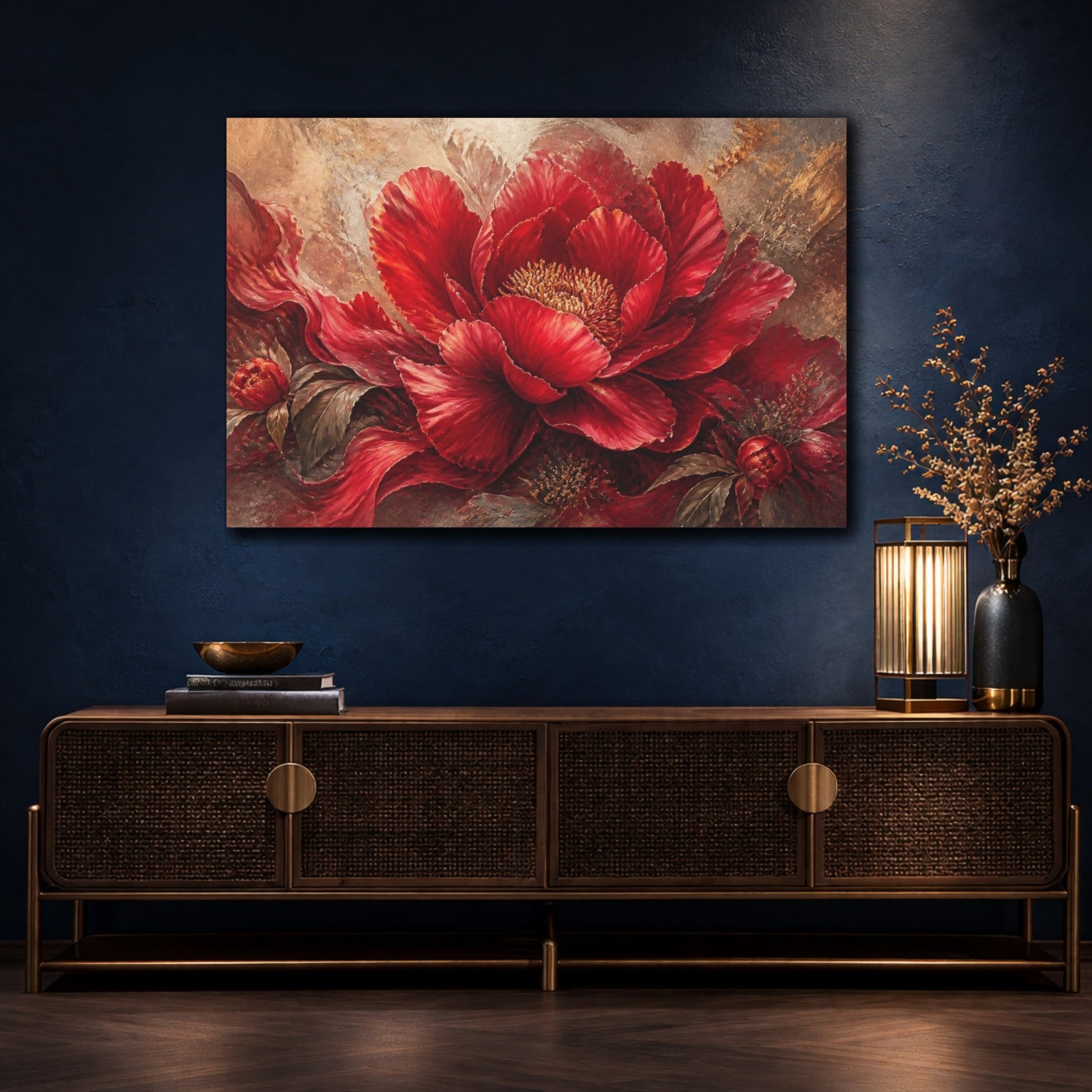 Mockup 4. Crimson Peony Floral Statement shown as canvas print