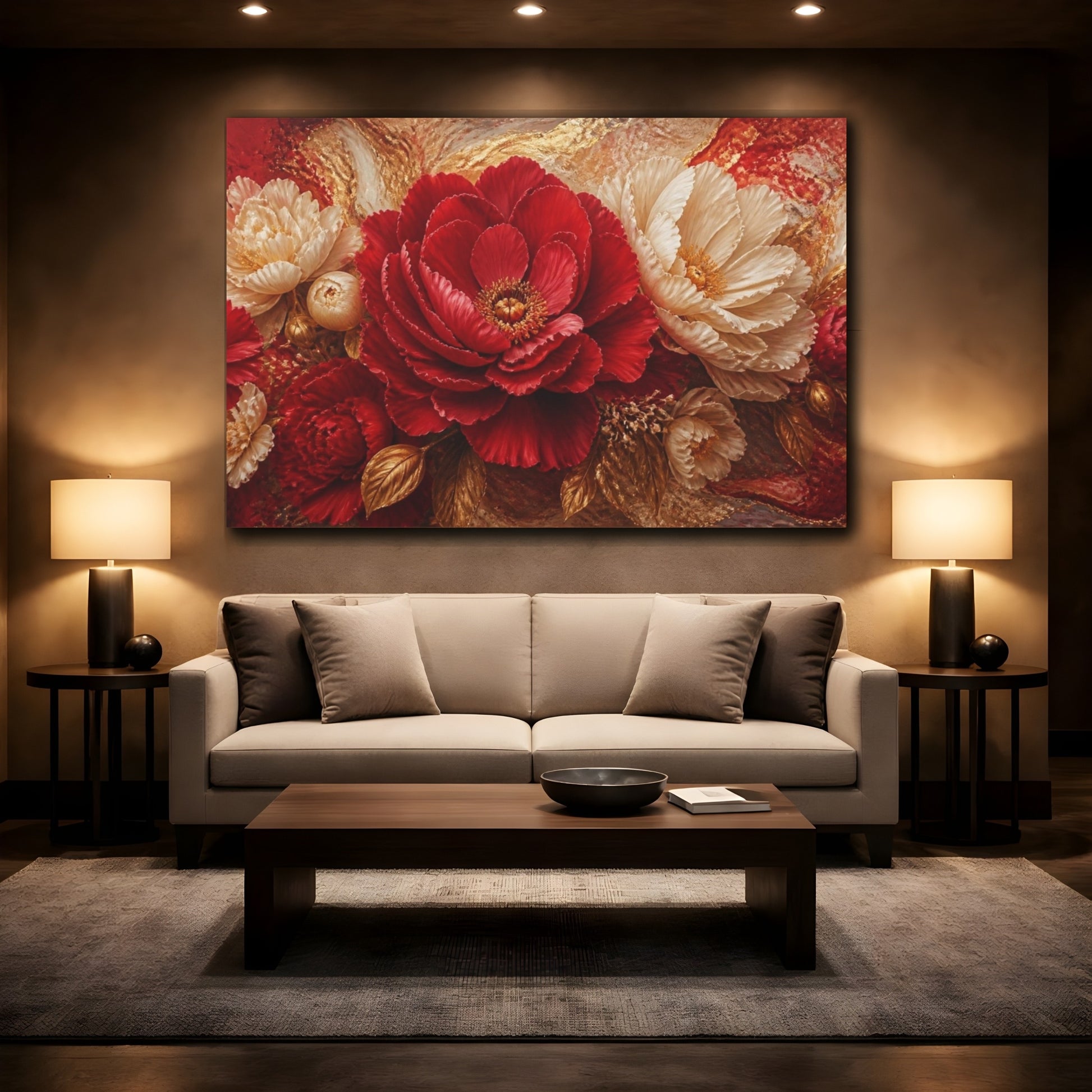Mockup 2. Crimson Peony Flower shown as canvas print
