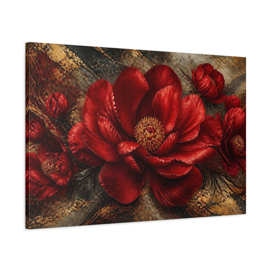 Main Mockup. Crimson Peony With Gold Veins shown as canvas print