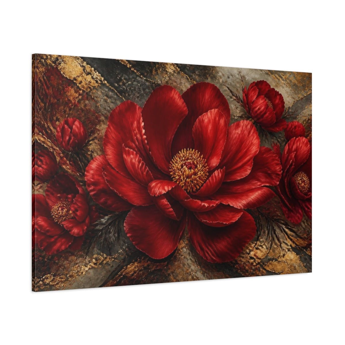 Side Mockup 1. Crimson Peony With Gold Veins shown as canvas print