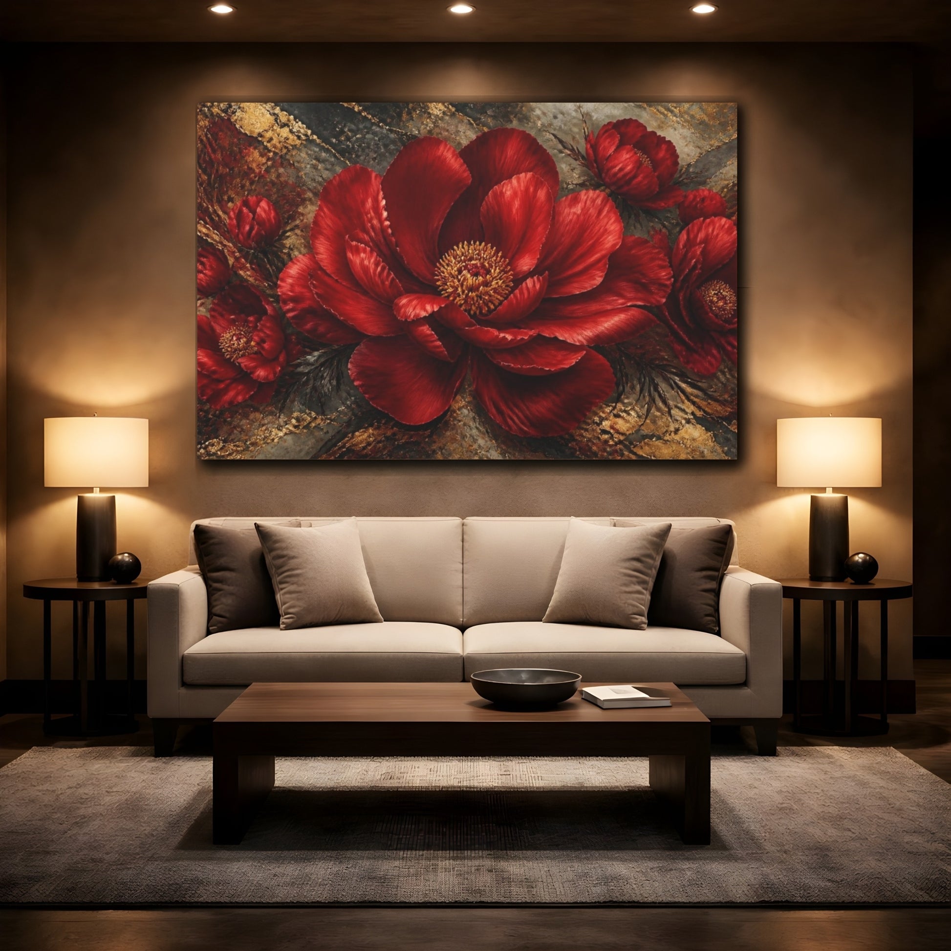 Mockup 2. Crimson Peony With Gold Veins shown as canvas print