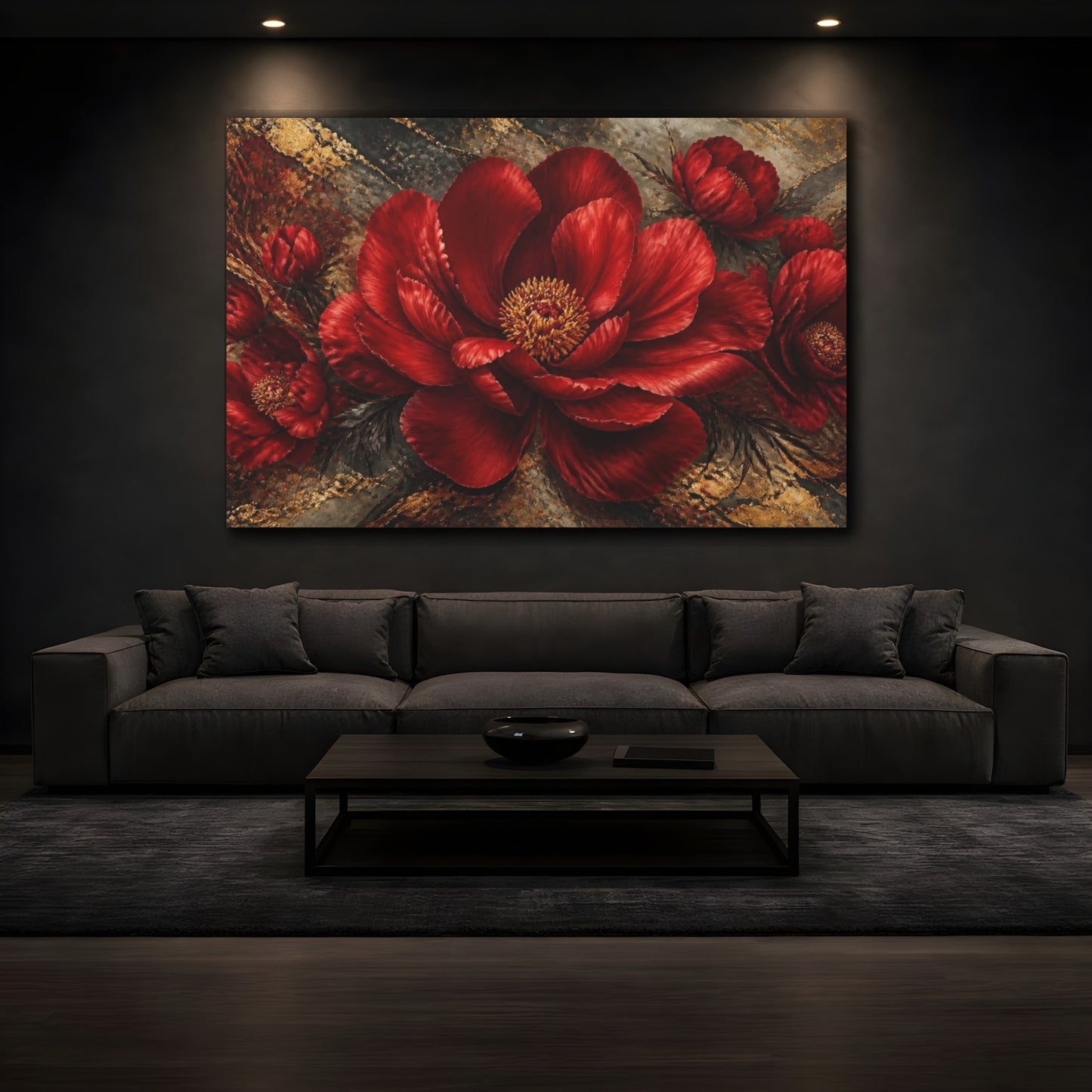 Mockup 3. Crimson Peony With Gold Veins shown as canvas print