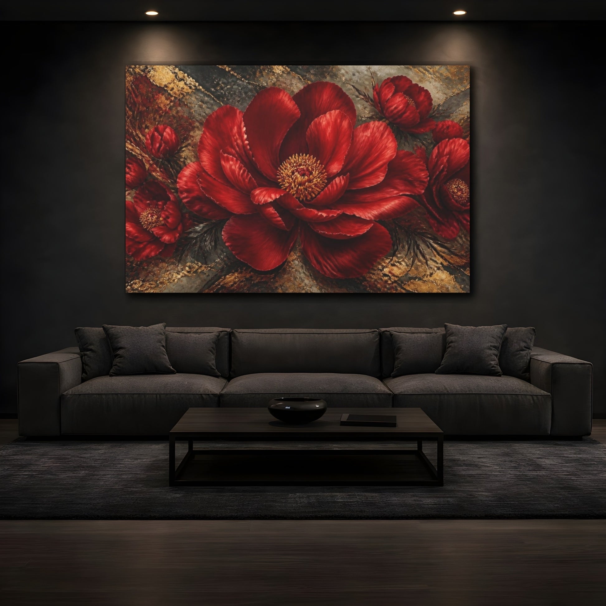 Mockup 3. Crimson Peony With Gold Veins shown as canvas print