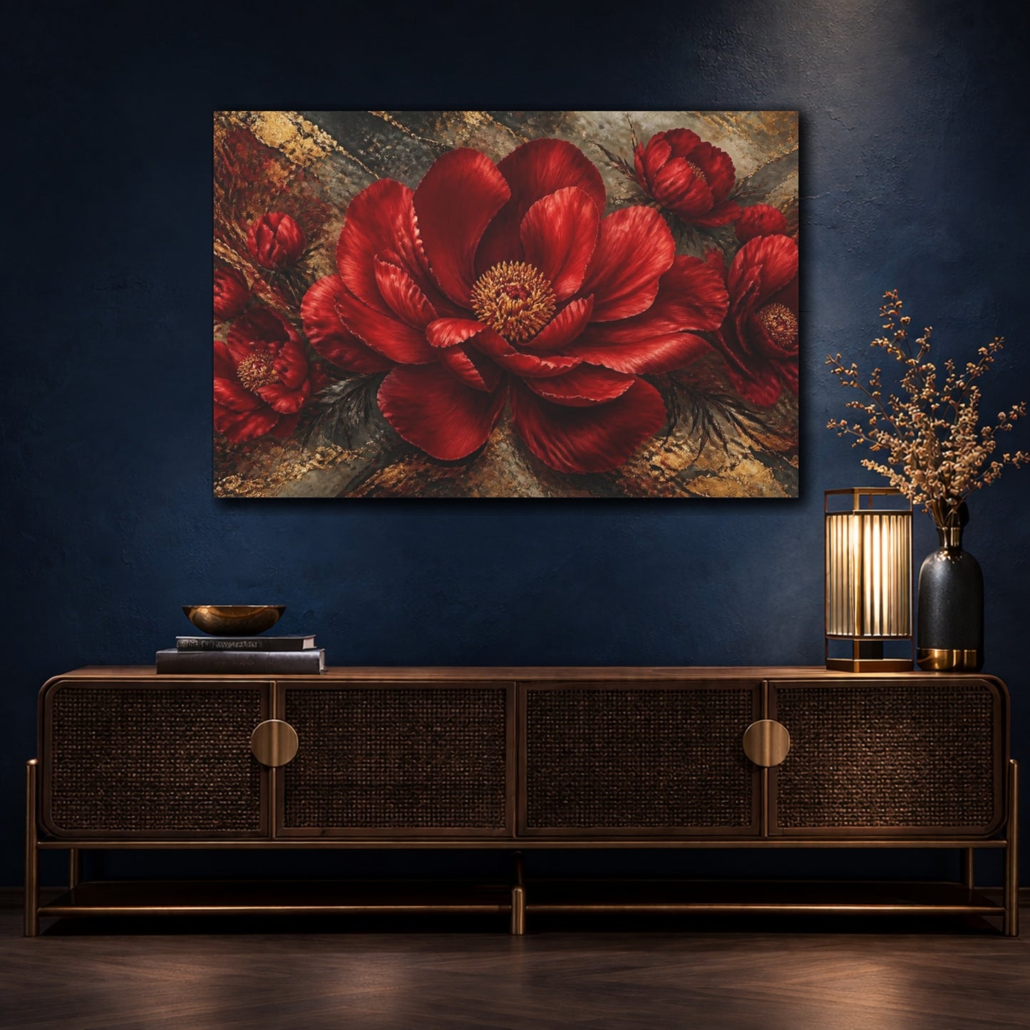 Mockup 4. Crimson Peony With Gold Veins shown as canvas print