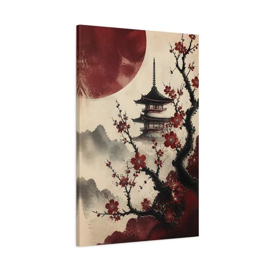 Main Mockup. Crimson Sakura Pagoda shown as canvas print
