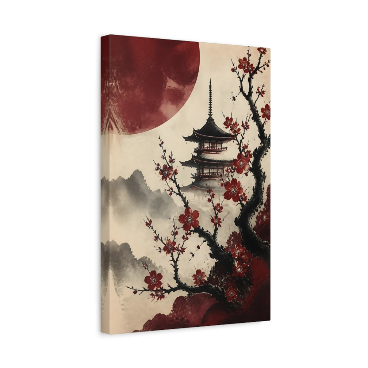 Side Mockup 4. Crimson Sakura Pagoda shown as canvas print