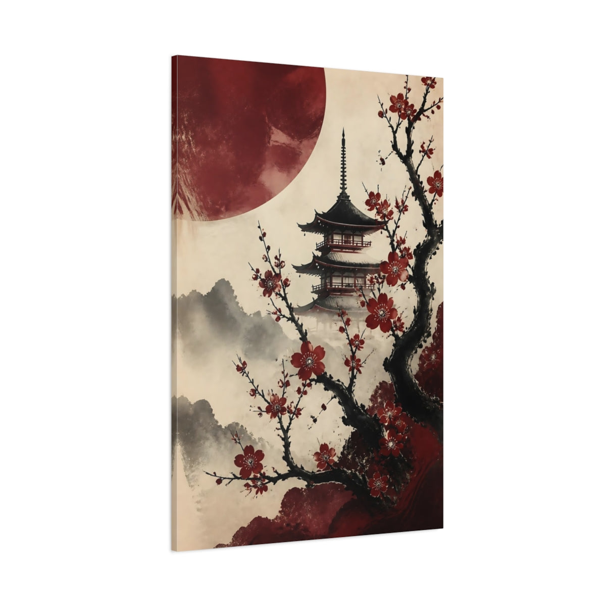 Side Mockup 1. Crimson Sakura Pagoda shown as canvas print