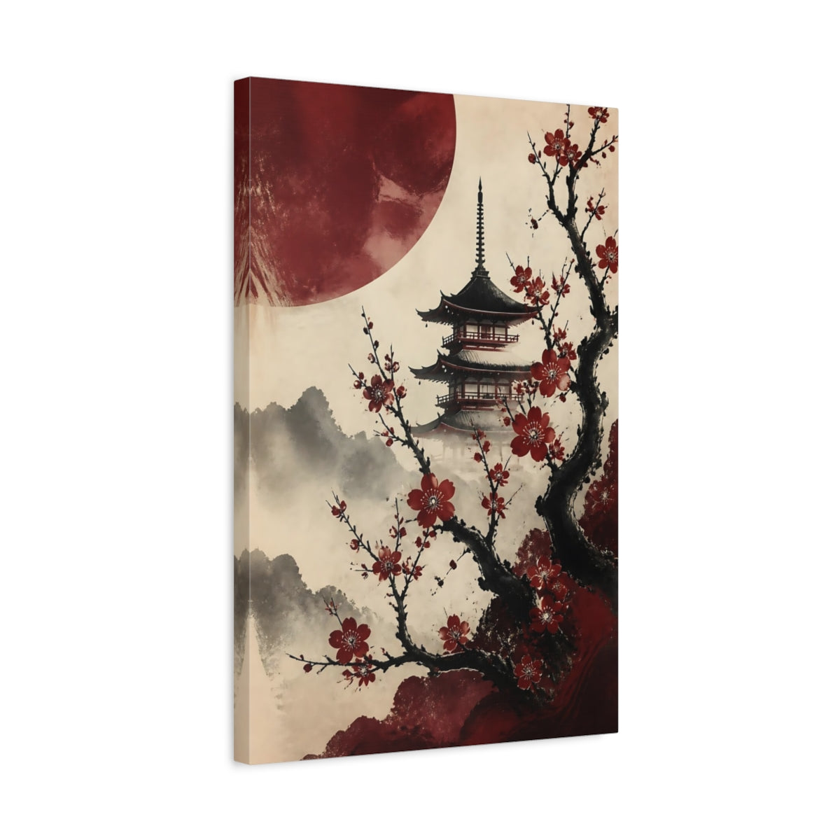 Side Mockup 3. Crimson Sakura Pagoda shown as canvas print