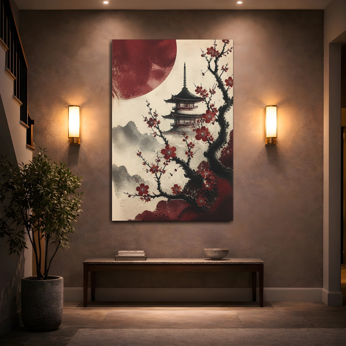 Mockup 2. Crimson Sakura Pagoda shown as canvas print