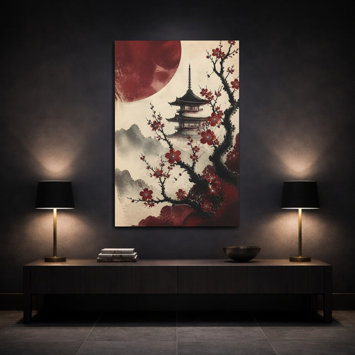 Mockup 3. Crimson Sakura Pagoda shown as canvas print