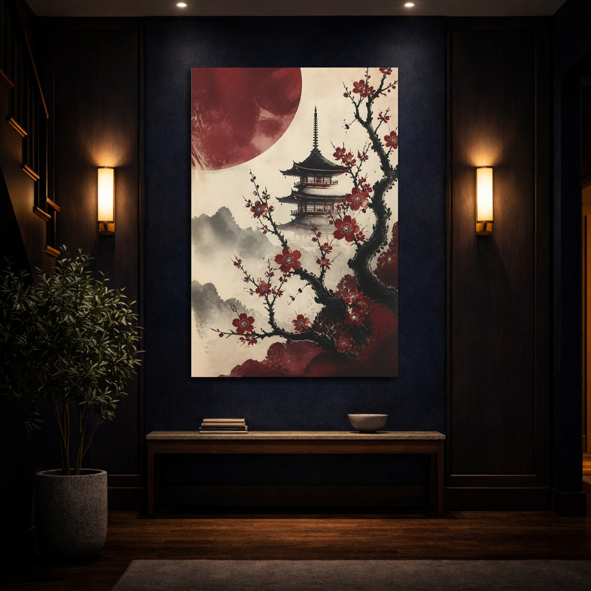 Mockup 4. Crimson Sakura Pagoda shown as canvas print