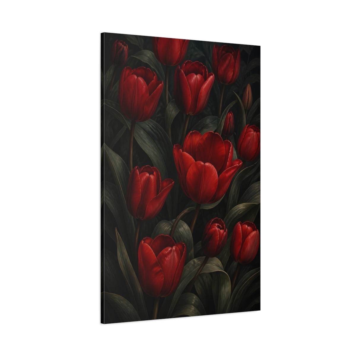 Side Mockup 1. Crimson Tulip Flowers shown as canvas print