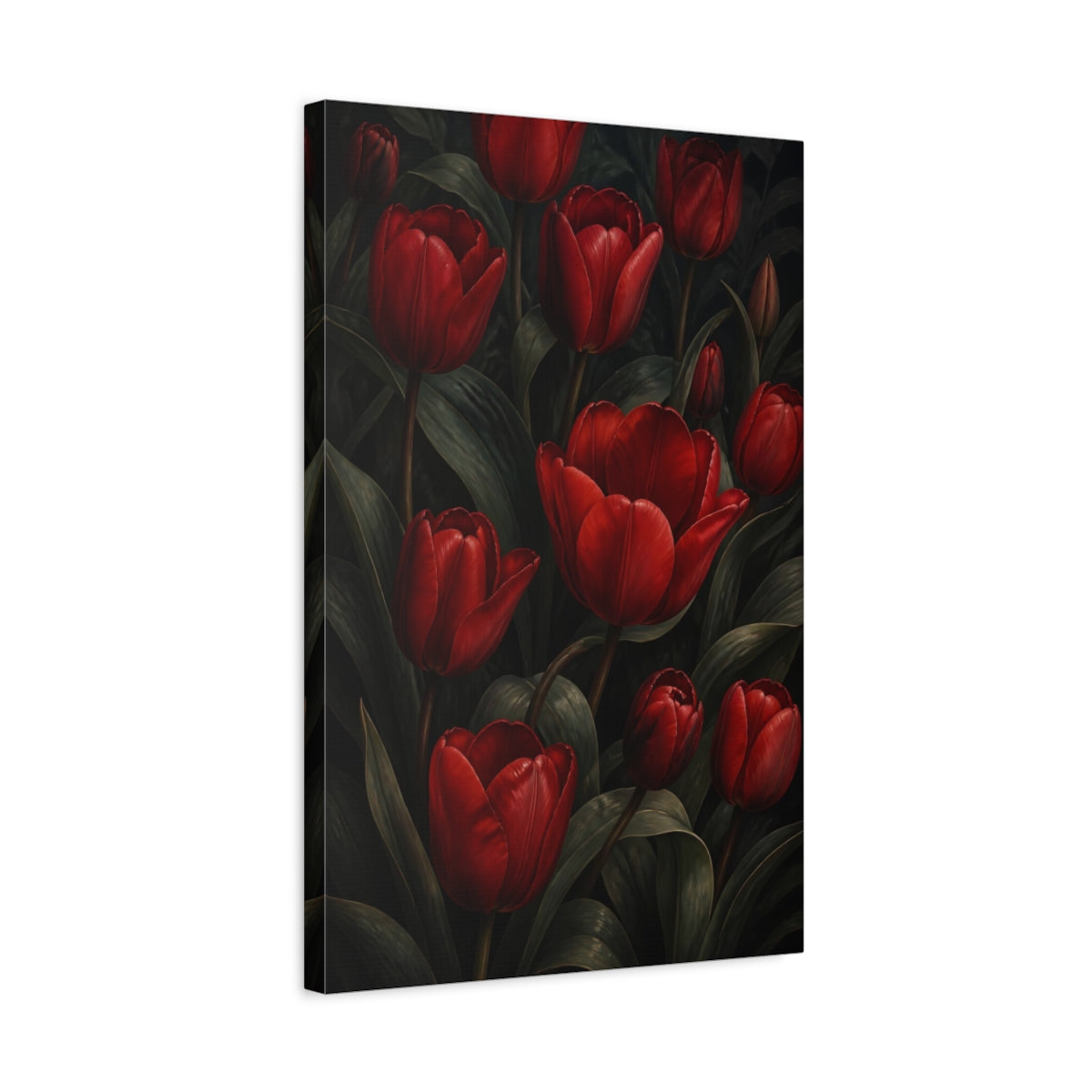 Side Mockup 3. Crimson Tulip Flowers shown as canvas print