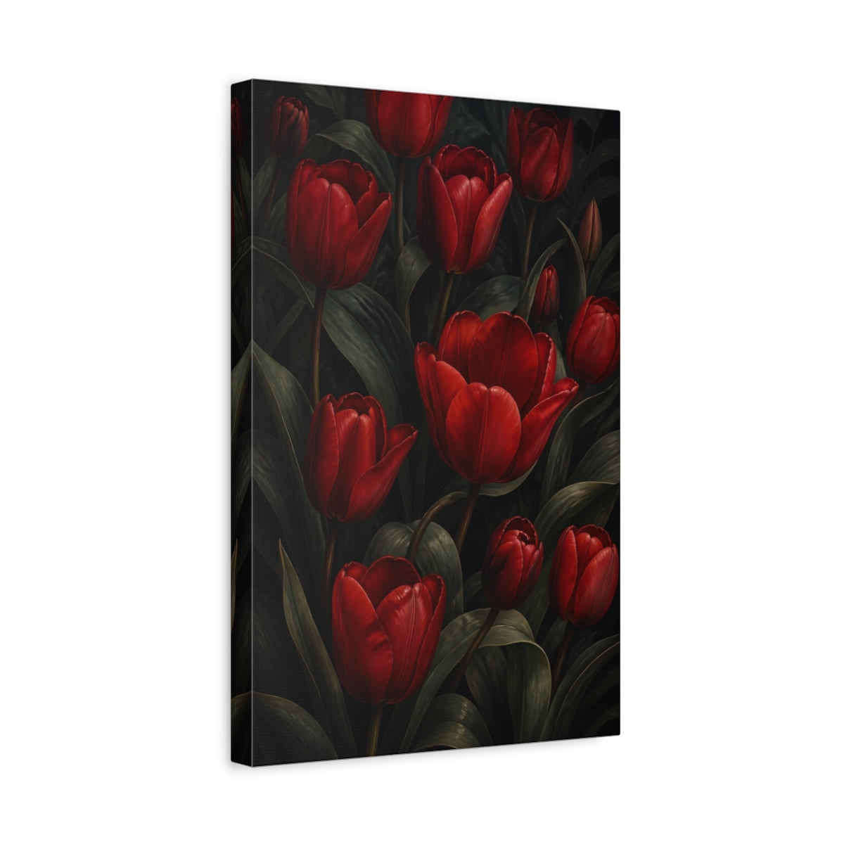 Side Mockup 4. Crimson Tulip Flowers shown as canvas print