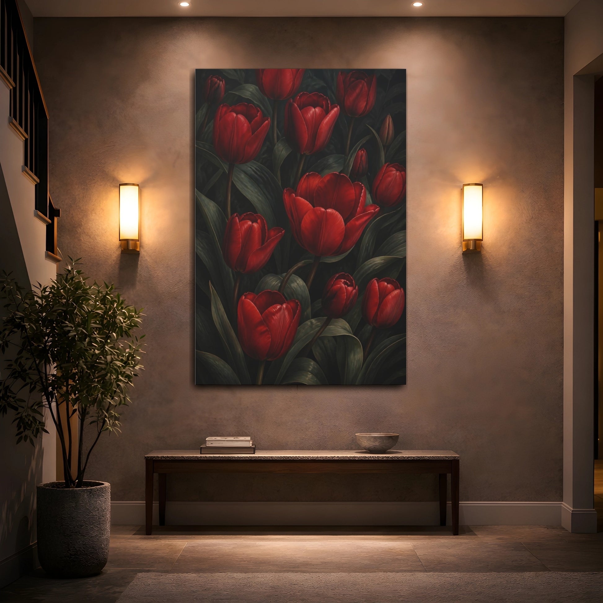Mockup 2. Crimson Tulip Flowers shown as canvas print