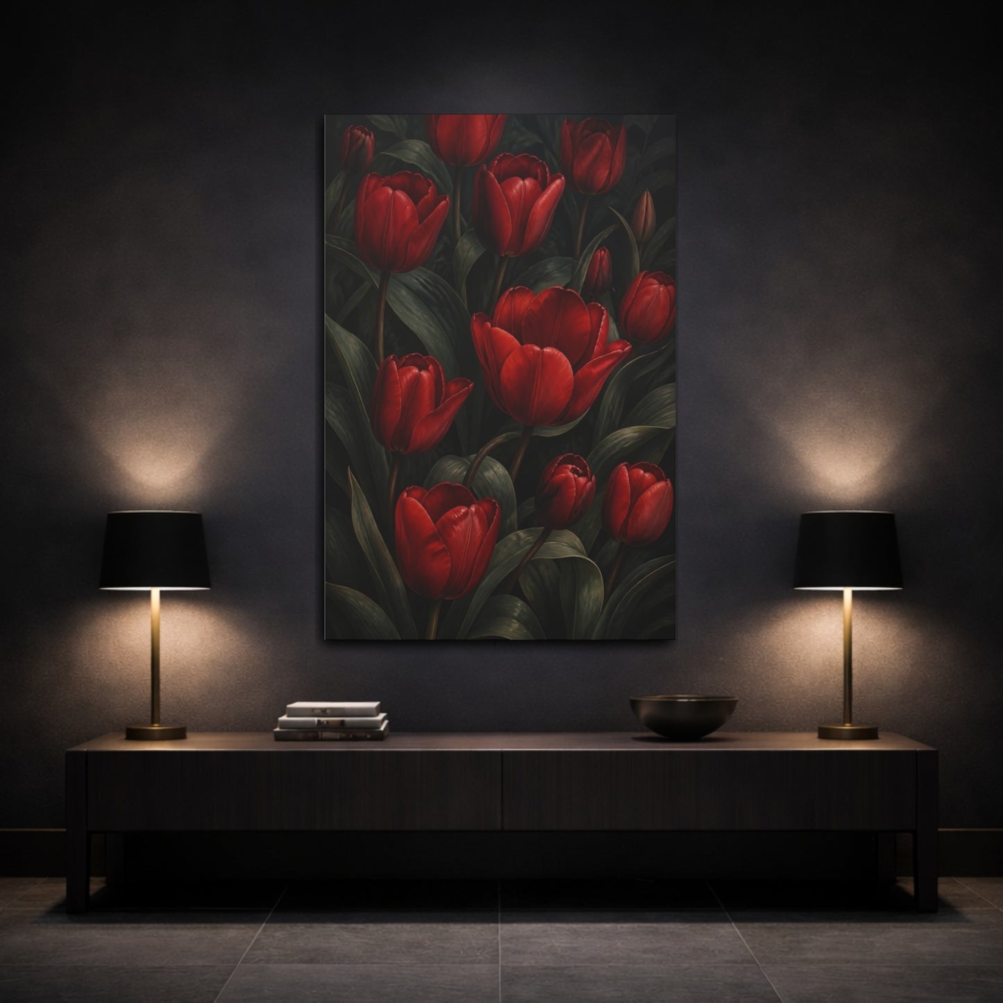 Mockup 3. Crimson Tulip Flowers shown as canvas print