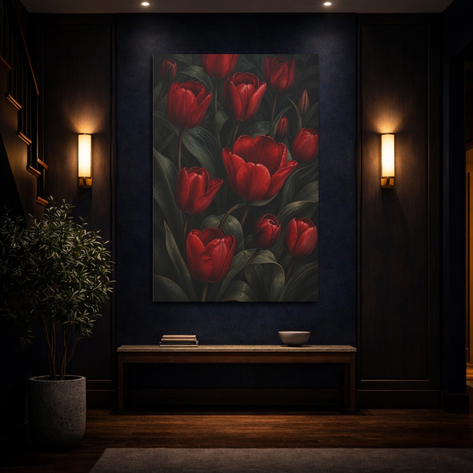 Mockup 4. Crimson Tulip Flowers shown as canvas print
