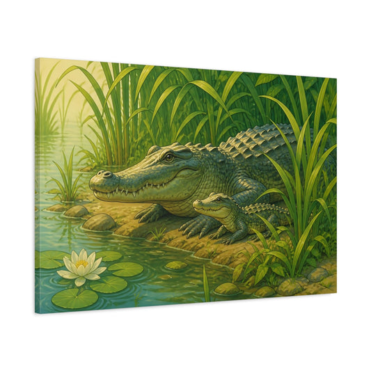 Main Mockup. Crocodile By The Reeds shown as canvas print