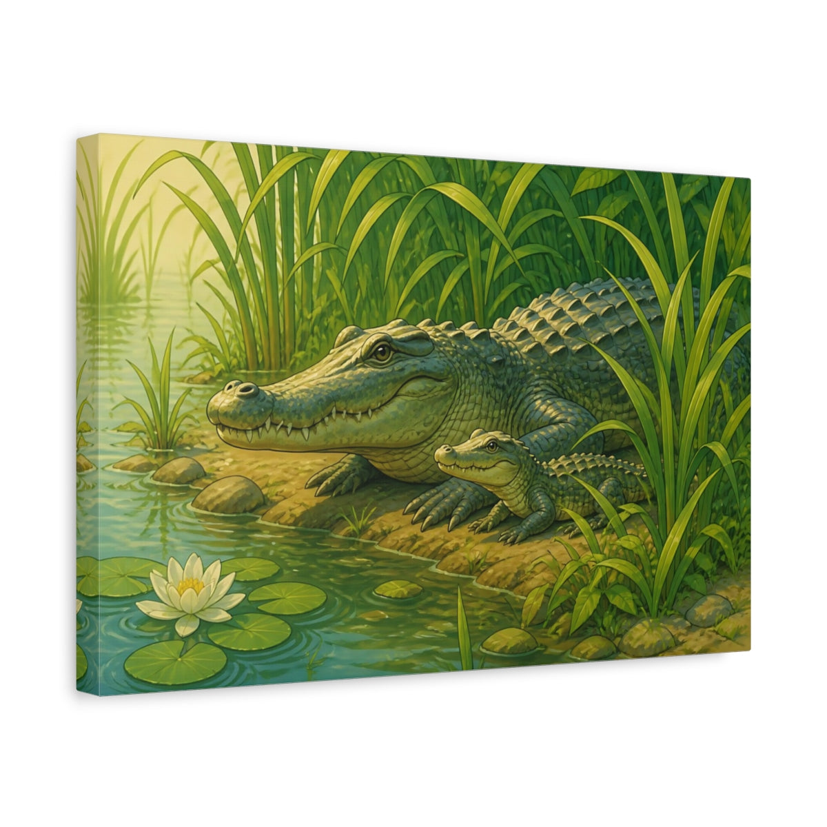Side Mockup 4. Crocodile By The Reeds shown as canvas print