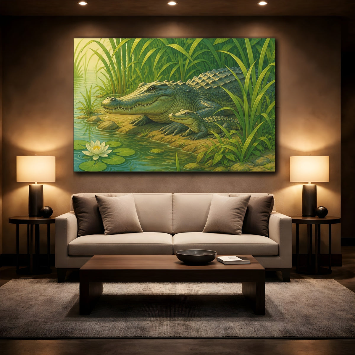 Mockup 2. Crocodile By The Reeds shown as canvas print