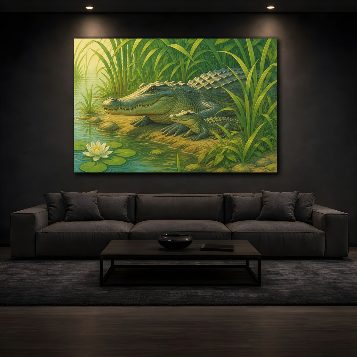 Mockup 3. Crocodile By The Reeds shown as canvas print