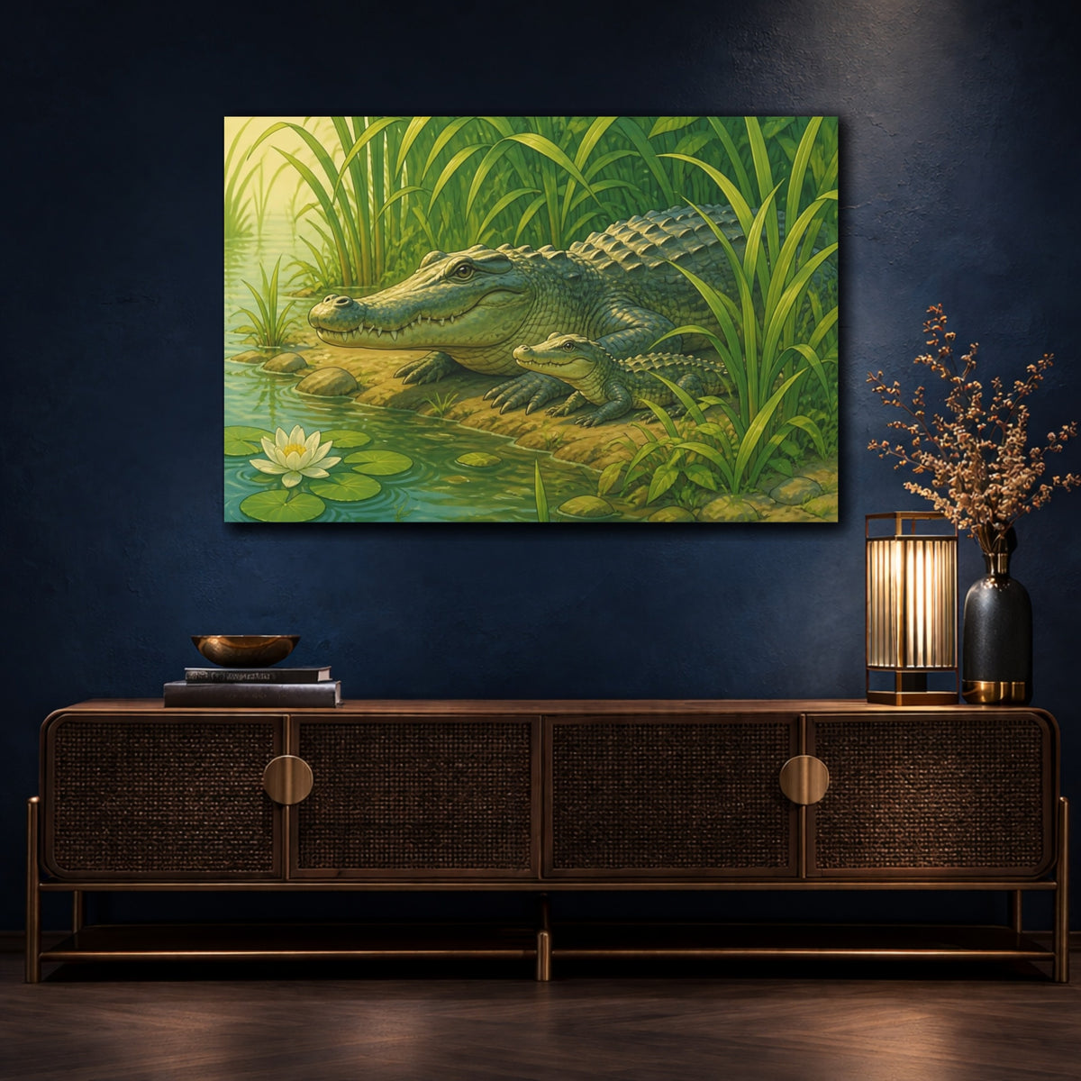 Mockup 4. Crocodile By The Reeds shown as canvas print