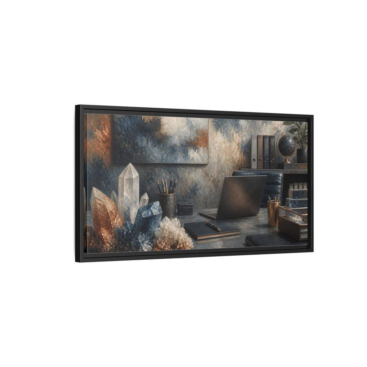 Side Mockup 2. Crystal Cluster Office Scene shown as framed canvas print