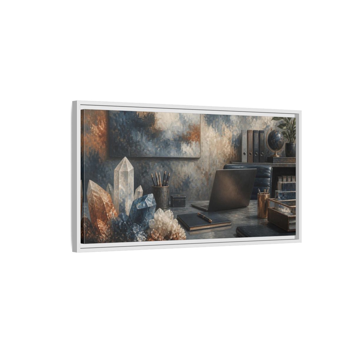 Side Mockup 1. Crystal Cluster Office Scene shown as framed canvas print
