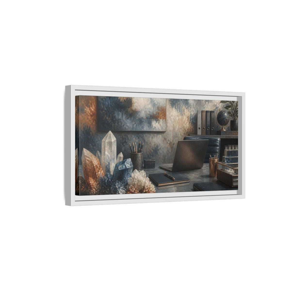 Side Mockup 6. Crystal Cluster Office Scene shown as framed canvas print