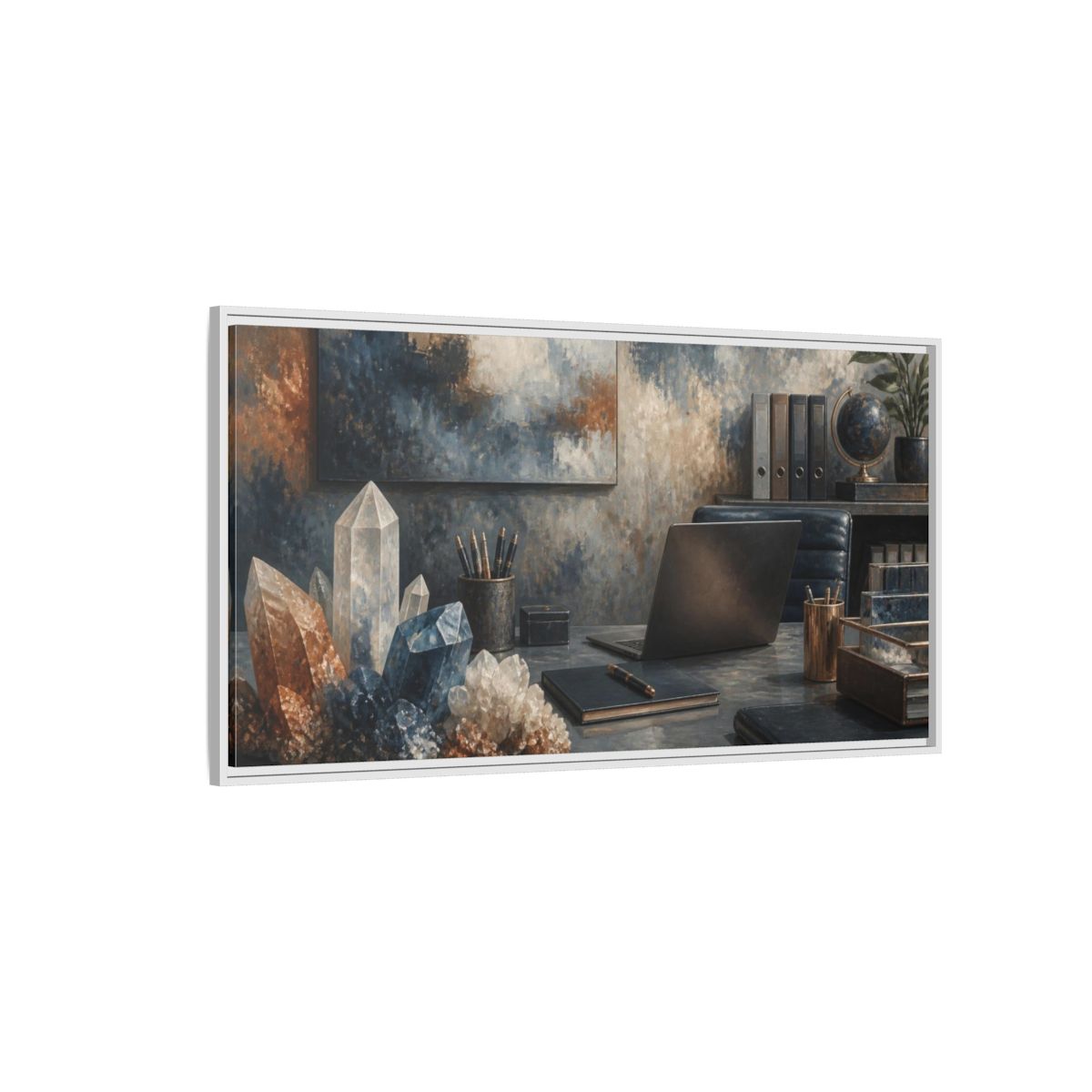 Side Mockup 3. Crystal Cluster Office Scene shown as framed canvas print