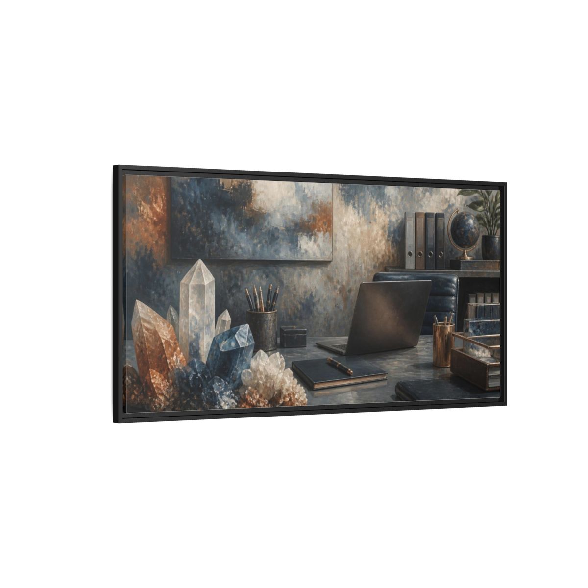 Side Mockup 5. Crystal Cluster Office Scene shown as framed canvas print