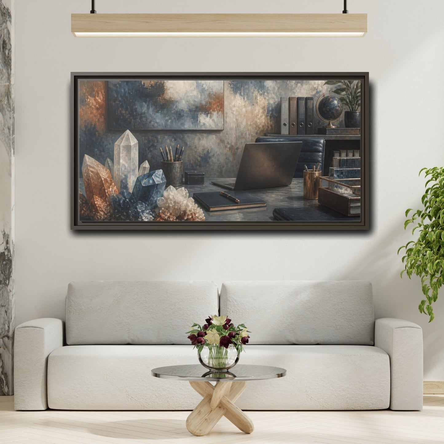 Mockup 2. Crystal Cluster Office Scene shown as framed canvas print