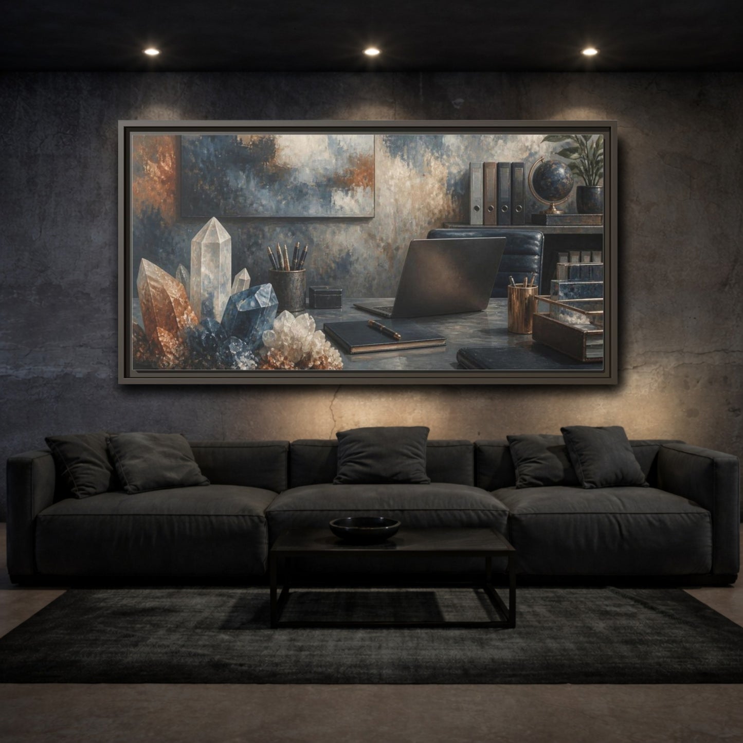 Mockup 3. Crystal Cluster Office Scene shown as framed canvas print