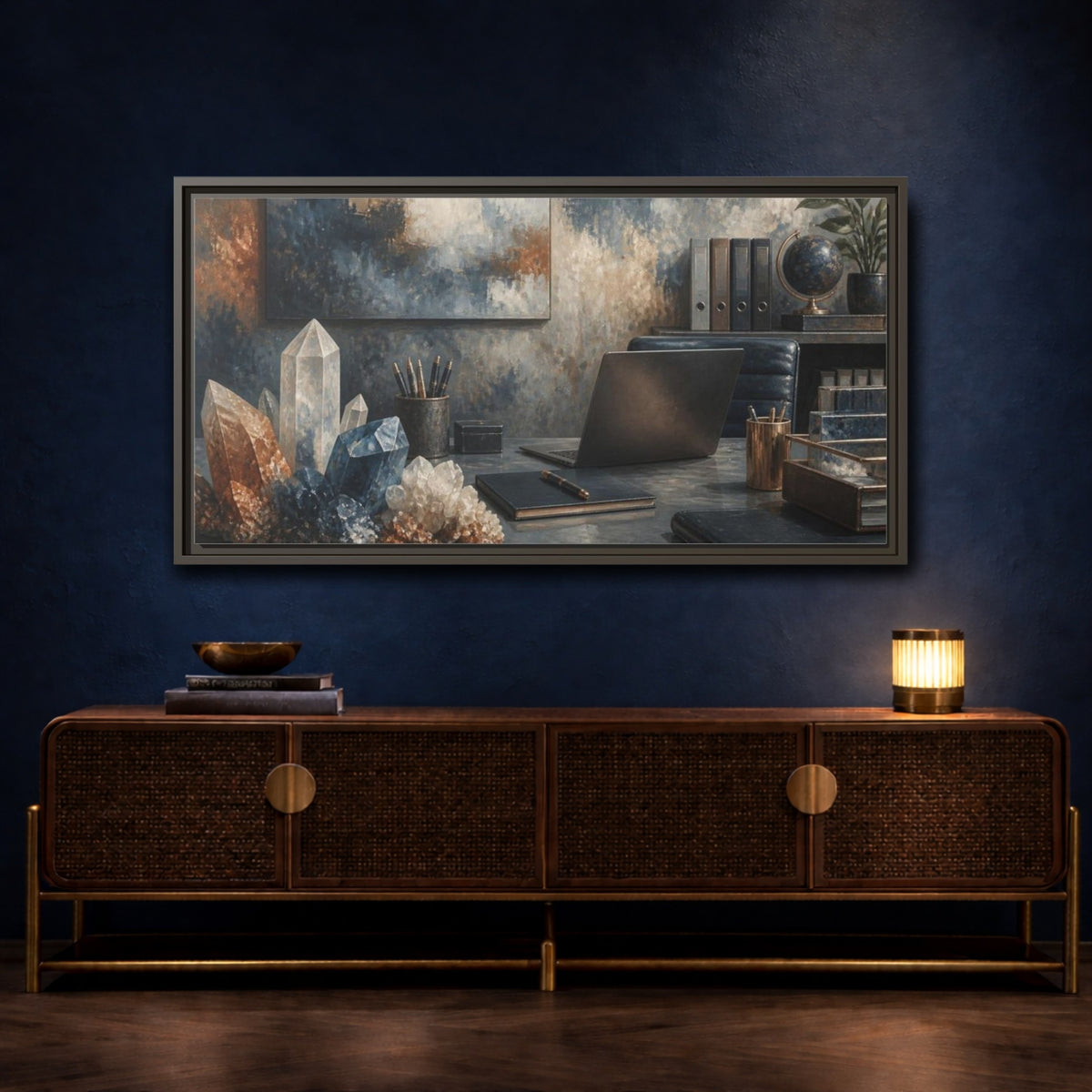 Mockup 4. Crystal Cluster Office Scene shown as framed canvas print
