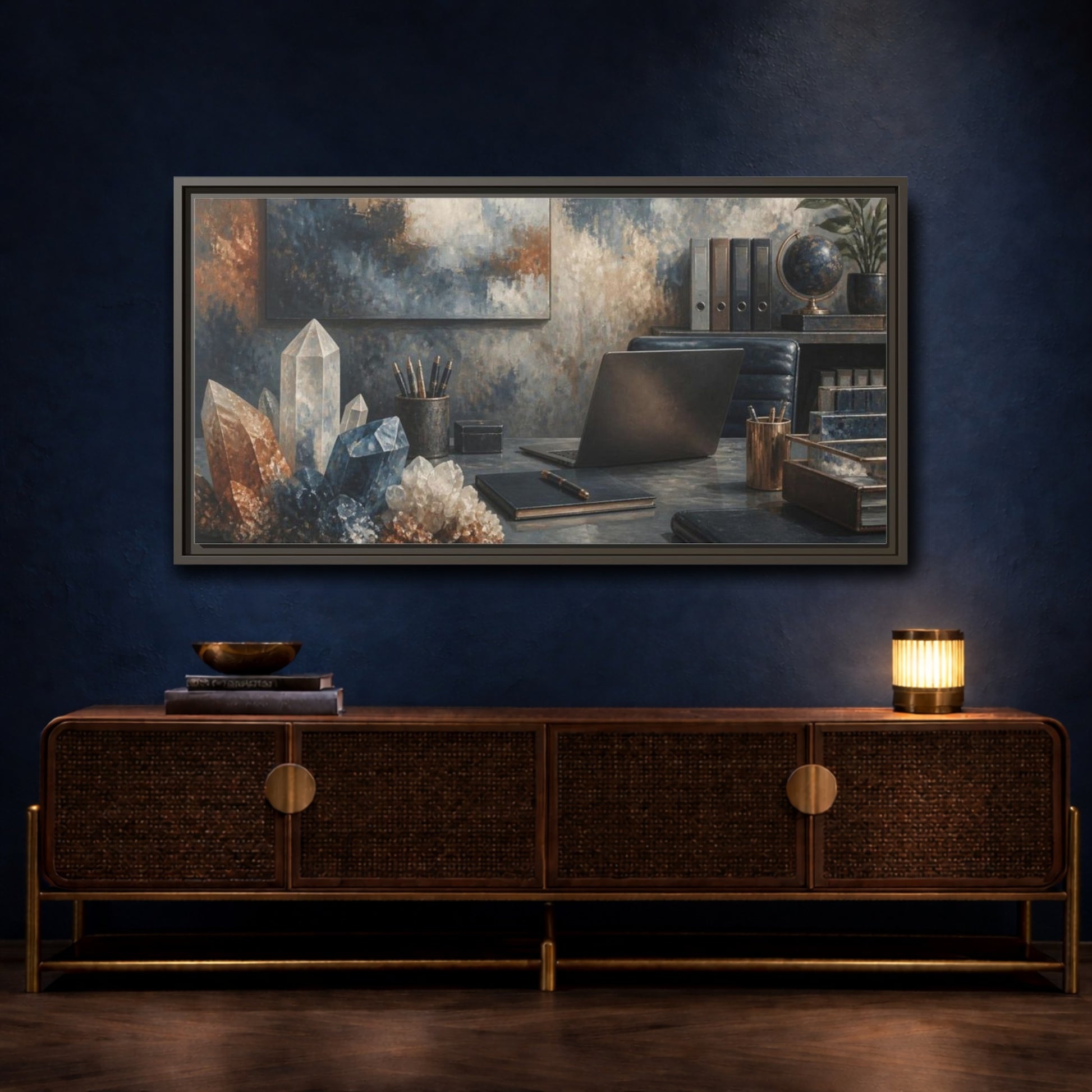 Mockup 4. Crystal Cluster Office Scene shown as framed canvas print