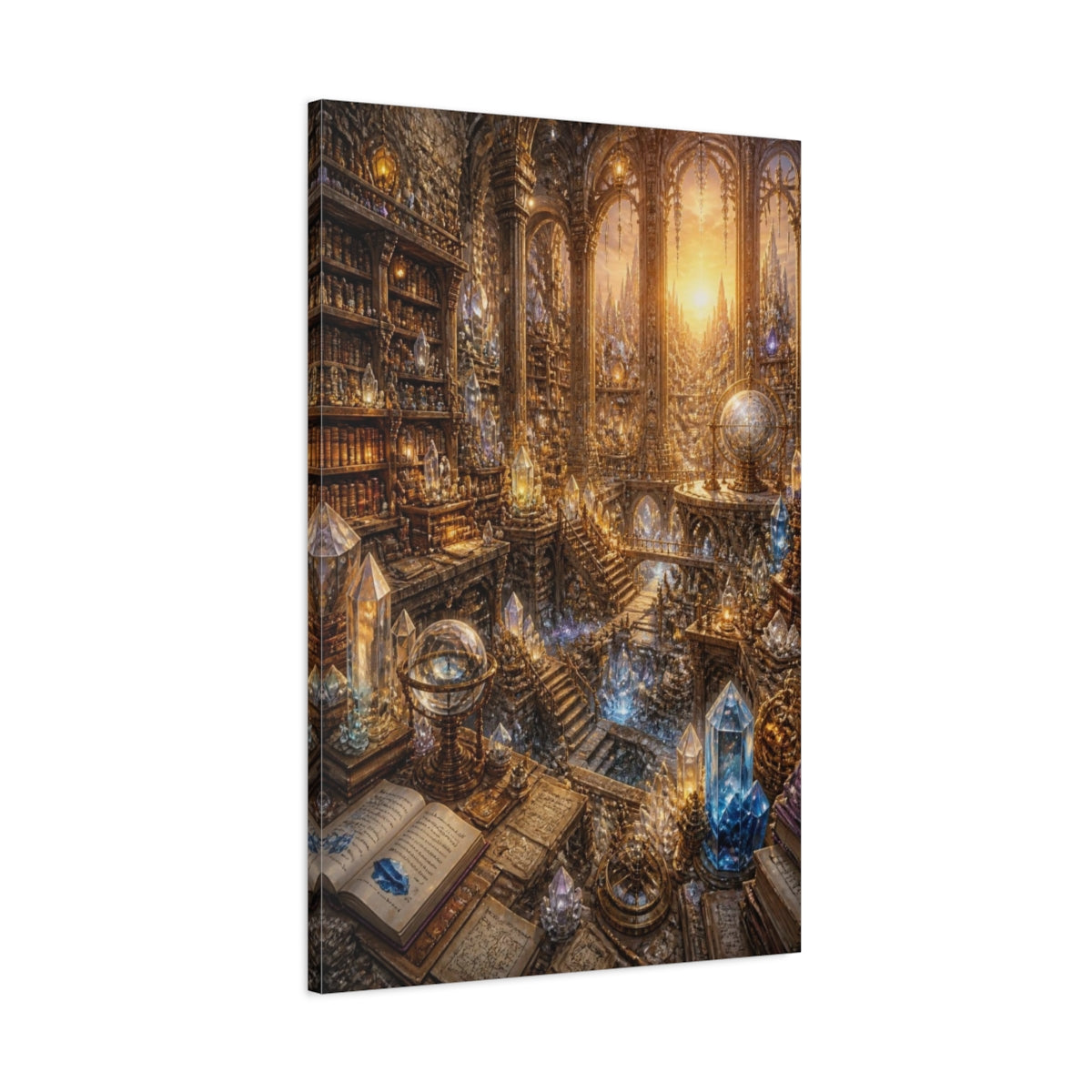 Main Mockup. Crystal Library At Sunrise shown as canvas print