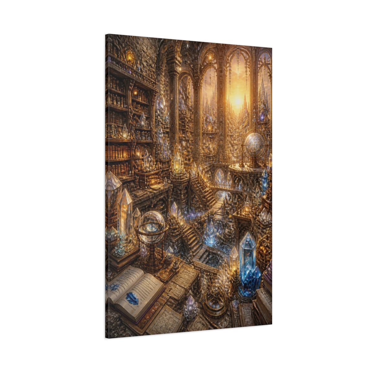 Side Mockup 1. Crystal Library At Sunrise shown as canvas print