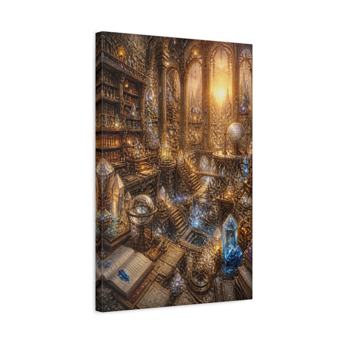 Side Mockup 3. Crystal Library At Sunrise shown as canvas print